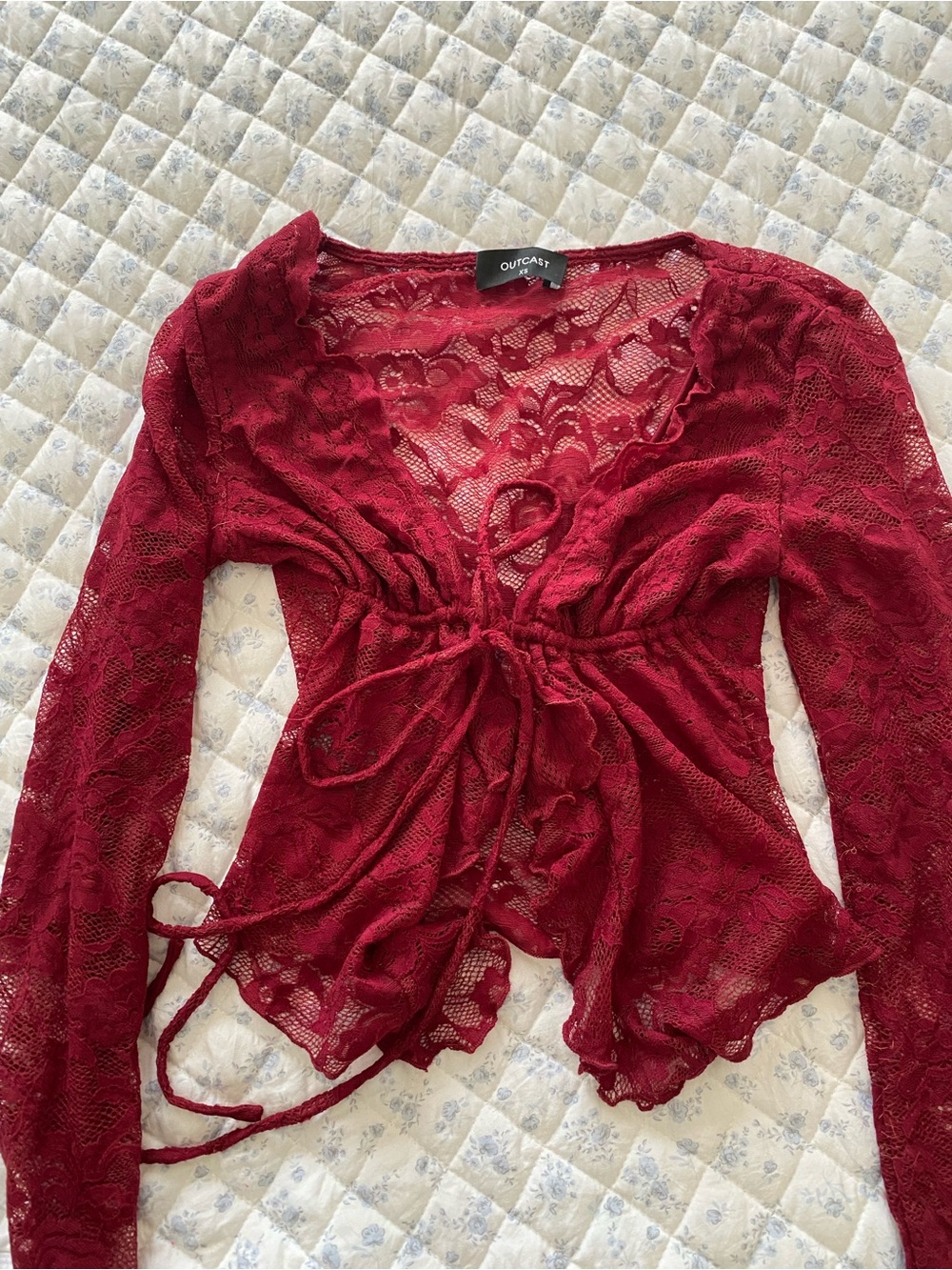 Outcast Women's Lace Tie-Front Long Sleeve Top in Burgundy